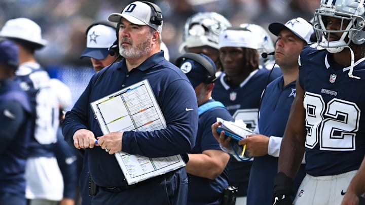 Dallas Cowboys head coach Mike McCarthy on the sidelines against the Los Angeles Rams during the second quarter at SoFi Stadium. 