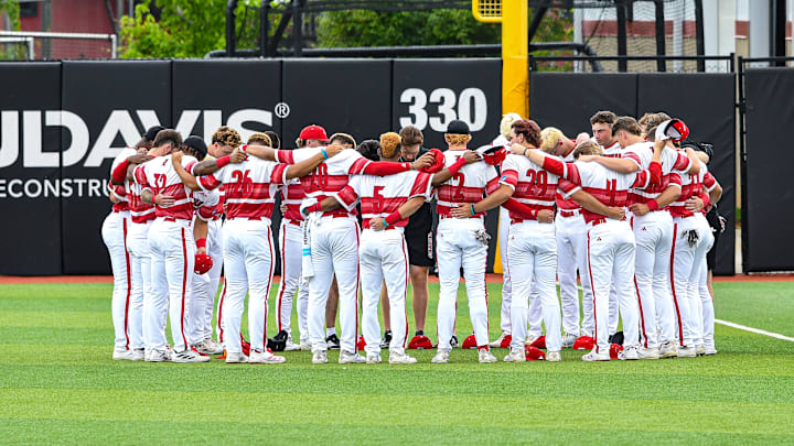 Louisville baseball players vs. Miami in game two of the 2025 Louisville Super Regional.