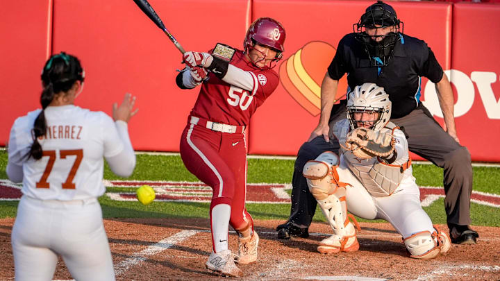 Oklahoma utility Ailana Agbayani (50) hits a single during an NCAA softball game between Oklahoma (OU) and Texas at Love’s Field in Norman. Okla., on Saturday, April 26, 2025. 