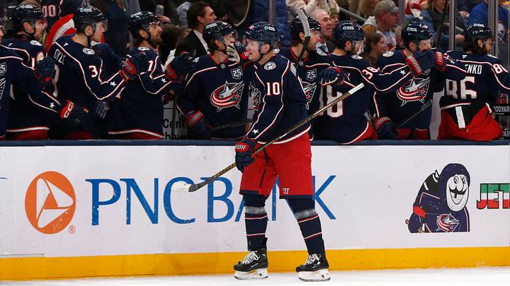 Jan 3, 2026; Columbus, Ohio, USA; Columbus Blue Jackets left wing Dmitri Voronkov (10) celebrates his goal against the Buffalo Sabres  during the first period at Nationwide Arena. Mandatory Credit: Russell LaBounty-Imagn Images