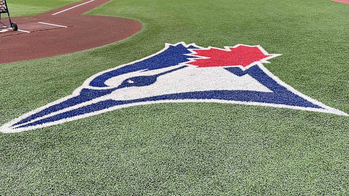 Aug 14, 2022; Toronto, Ontario, CAN; The Toronto Blue Jays logo during batting practice against the Cleveland Guardians at Rogers Centre. Aug 14, 2022; Toronto, Ontario, CAN; The Toronto Blue Jays logo during batting practice against the Cleveland Guardians at Rogers Centre.