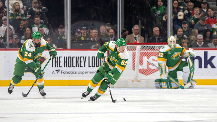 Nov 16, 2024; Saint Paul, Minnesota, USA; Minnesota Wild left wing Michael Milne (60) makes his NHL debut against the Dallas Stars in the first period at Xcel Energy Center. Mandatory Credit: Matt Blewett-Imagn Images