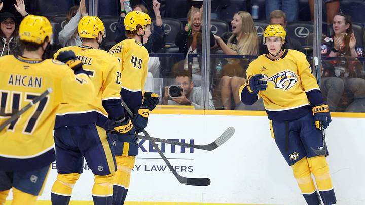 Sep 22, 2026; Nashville, Tennessee, USA; The Nashville Predators celebrate a goal by right wing Matthew Wood (71) during the third period against the Tampa Bay Lightning at Bridgestone Arena. Mandatory Credit: Alan Poizner-Imagn Images Sep 22, 2026; Nashville, Tennessee, USA; The Nashville Predators celebrate a goal by right wing Matthew Wood (71) during the third period against the Tampa Bay Lightning at Bridgestone Arena. Mandatory Credit: Alan Poizner-Imagn Images