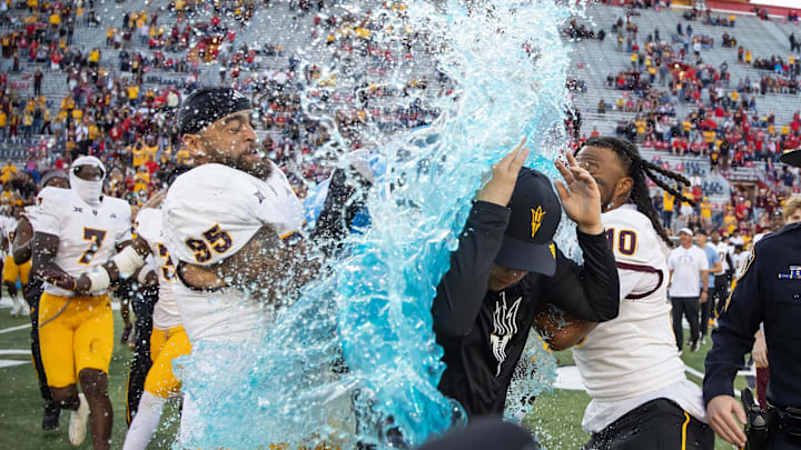Arizona State Sun Devils head coach Kenny Dillingham is dunked with gatorade after defeating the Arizona Wildcats in the Territorial Cup.