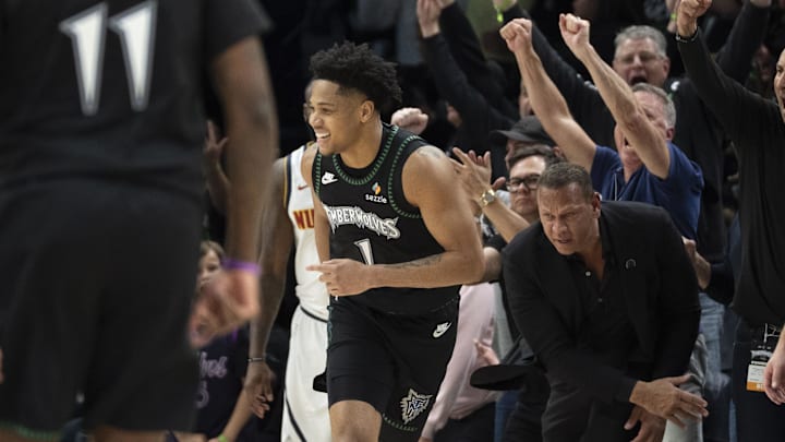 Apr 30, 2026; Minneapolis, Minnesota, USA; Minnesota Timberwolves guard Terrence Shannon Jr. (1) celebrates making a shot against the Denver Nuggets in the second half during game six of the first round of the 2026 NBA Playoffs at Target Center. Mandatory Credit: Jesse Johnson-Imagn Images