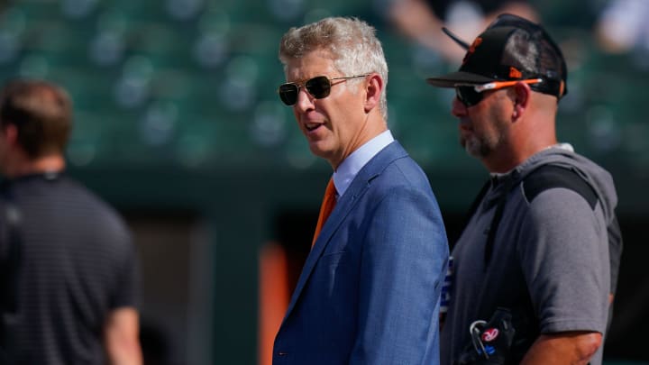 Jul 27, 2022; Baltimore, Maryland, USA; Baltimore Orioles general manager Mike Elias reacts on the field before the game between the Baltimore Orioles and the Tampa Bay Rays at Oriole Park at Camden Yards Jul 27, 2022; Baltimore, Maryland, USA; Baltimore Orioles general manager Mike Elias reacts on the field before the game between the Baltimore Orioles and the Tampa Bay Rays at Oriole Park at Camden Yards