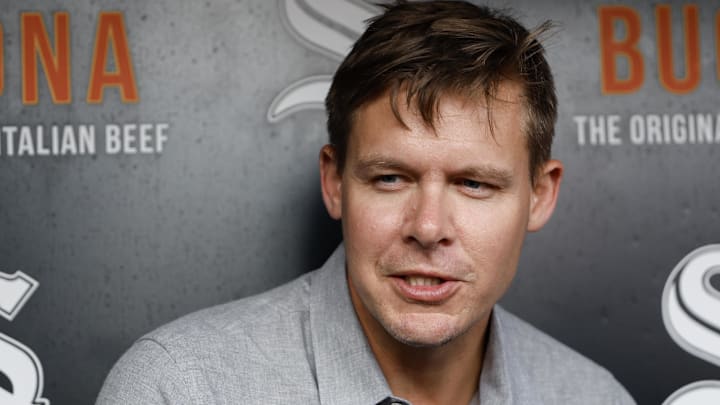 Chicago White Sox general manager Chris Getz speaks before a game against the Arizona Diamondbacks at Rate Field. 