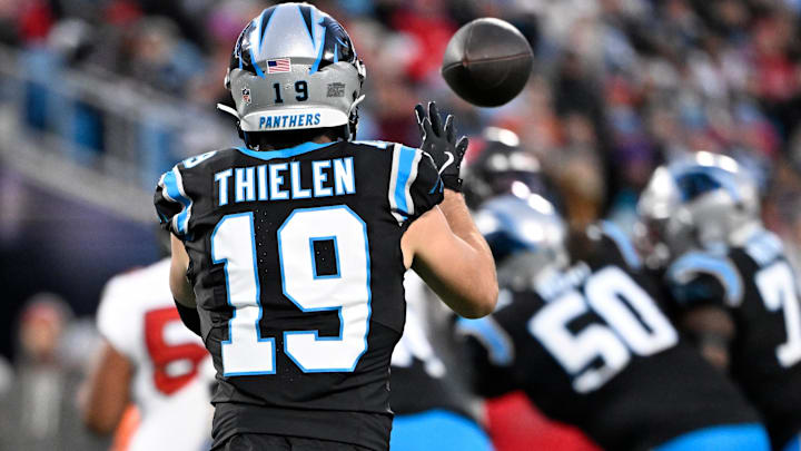 Carolina Panthers wide receiver Adam Thielen (19) catches the ball in the second quarter at Bank of America Stadium.
