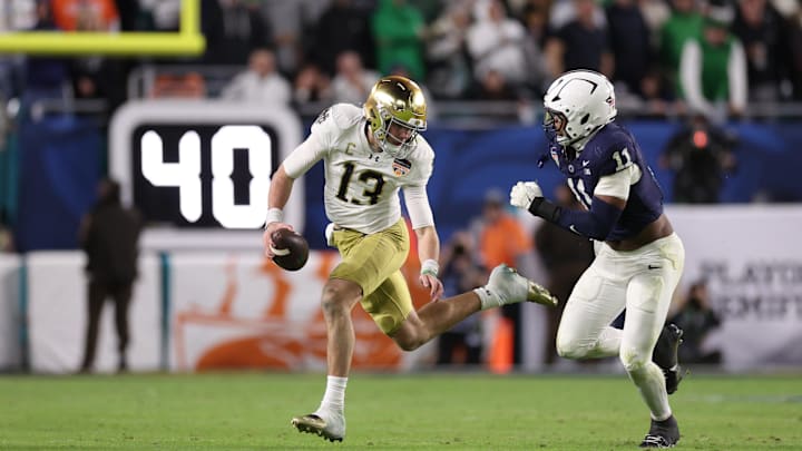 Penn State defensive end Abdul Carter pressures Notre Dame quarterback Riley Leonard during the second half of the Orange Bowl at Hard Rock Stadium.