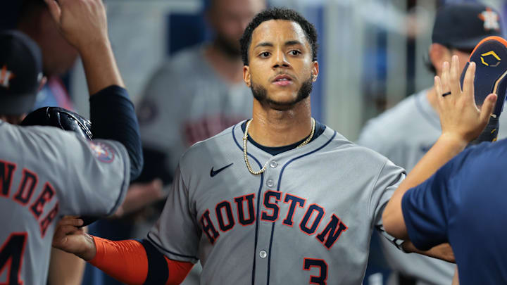 Aug 4, 2025; Miami, Florida, USA; Houston Astros shortstop Jeremy Pena (3) celebrates after scoring against the Miami Marlins during the fourth inning at loanDepot Park
