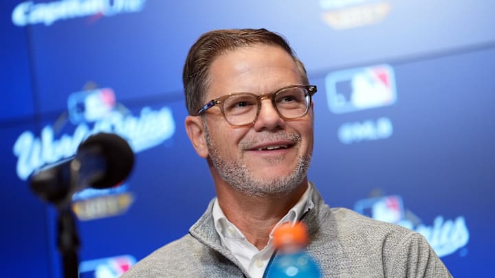 Oct 24, 2025; Toronto, Ontario, CAN; Toronto Blue Jays executive vice president and general manager Ross Atkins speaks to the media before game one of the 2025 MLB World Series against the Los Angeles Dodgers at Rogers Centre. Oct 24, 2025; Toronto, Ontario, CAN; Toronto Blue Jays executive vice president and general manager Ross Atkins speaks to the media before game one of the 2025 MLB World Series against the Los Angeles Dodgers at Rogers Centre.