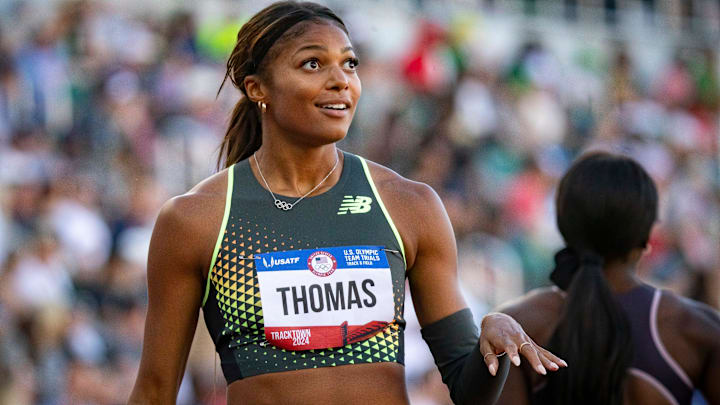 Gabby Thomas reacts after winning the semifinals of the women’s 200 meter dash during day eight of the U.S. Olympic Track & Field Trials.
