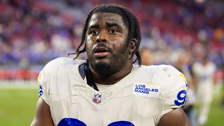 Nov 26, 2023; Glendale, Arizona, USA; Los Angeles Rams linebacker Keir Thomas (96) against the Arizona Cardinals at State Farm Stadium. Mandatory Credit: Mark J. Rebilas-Imagn Images Nov 26, 2023; Glendale, Arizona, USA; Los Angeles Rams linebacker Keir Thomas (96) against the Arizona Cardinals at State Farm Stadium. Mandatory Credit: Mark J. Rebilas-Imagn Images