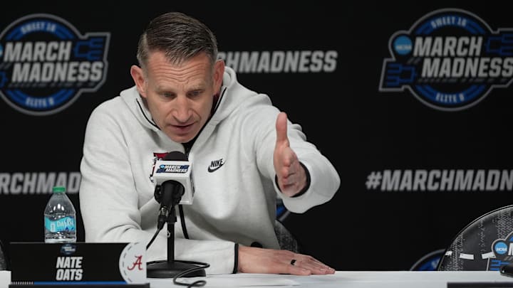 Mar 26, 2026; Chicago, IL, USA; Alabama Crimson Tide head coach Nate Oats during a press conference ahead of the midwest regional of the men's 2026 NCAA Tournament at United Center. Mandatory Credit: David Banks-Imagn Images
