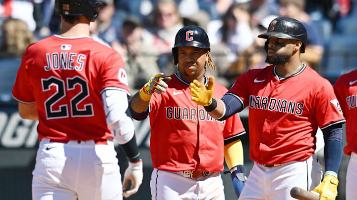 Apr 27, 2025; Cleveland, Ohio, USA; Cleveland Guardians right fielder Nolan Jones (22) celebrates with designated hitter Jose Ramirez (11) and first baseman Carlos Santana (41) after hitting a three-run home run during the sixth inning against the Boston Red Sox at Progressive Field. Mandatory Credit: Ken Blaze-Imagn Images Apr 27, 2025; Cleveland, Ohio, USA; Cleveland Guardians right fielder Nolan Jones (22) celebrates with designated hitter Jose Ramirez (11) and first baseman Carlos Santana (41) after hitting a three-run home run during the sixth inning against the Boston Red Sox at Progressive Field. Mandatory Credit: Ken Blaze-Imagn Images