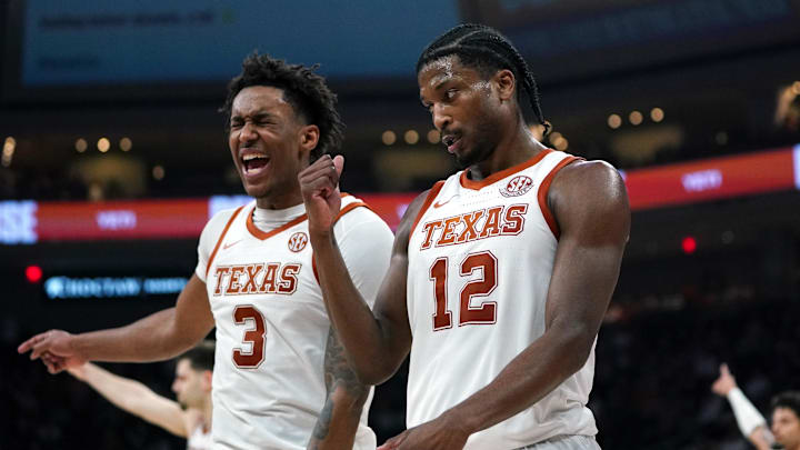 Texas Longhorns guard Tramon Mark and Texas Longhorns guard Dailyn Swain (3) react to a basket during the last few seconds of the game against the South Carolina Gamecocks at Moody Center. 