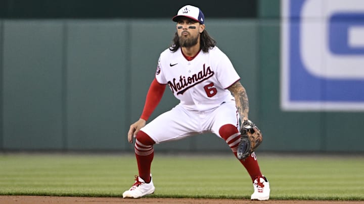 Apr 4, 2023; Washington, District of Columbia, USA; Washington Nationals second baseman Michael Chavis (6) in the field against the Tampa Bay Rays during the first inning at Nationals Park. Mandatory Credit: Brad Mills-Imagn Images