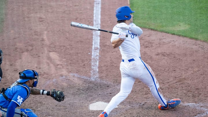 Florida utility Jac Caglianone (14) with a home run in the bottom of the tenth against Kentucky, Friday, May 10, 2024, at Condron Family Ballpark in Gainesville, Florida. The Gators lost 12-11 in extra innings. [Cyndi Chambers/ Gainesville Sun] 2024