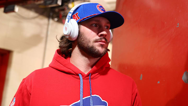 Buffalo Bills quarterback Josh Allen arrives at the stadium for the AFC Championship game against the Kansas City Chiefs at GEHA Field at Arrowhead Stadium. 