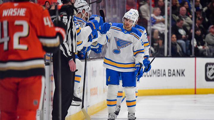 Apr 3, 2026; Anaheim, California, USA; St. Louis Blues center Pius Suter (22) celebrates his goal scored against the Anaheim Ducks during the second period at Honda Center. Mandatory Credit: Gary A. Vasquez-Imagn Images Apr 3, 2026; Anaheim, California, USA; St. Louis Blues center Pius Suter (22) celebrates his goal scored against the Anaheim Ducks during the second period at Honda Center. Mandatory Credit: Gary A. Vasquez-Imagn Images