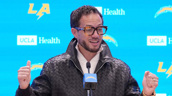 January 27, 2026; El Segundo, California, USA; Los Angeles Chargers offensive coordinator Mike McDaniel speaks at introductory press conference at The Bolt. Mandatory Credit: Kirby Lee-Imagn Images