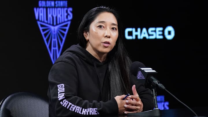 Golden State Valkyries head coach Natalie Nakase addresses the media before the game against the Chicago Sky at Chase Center.