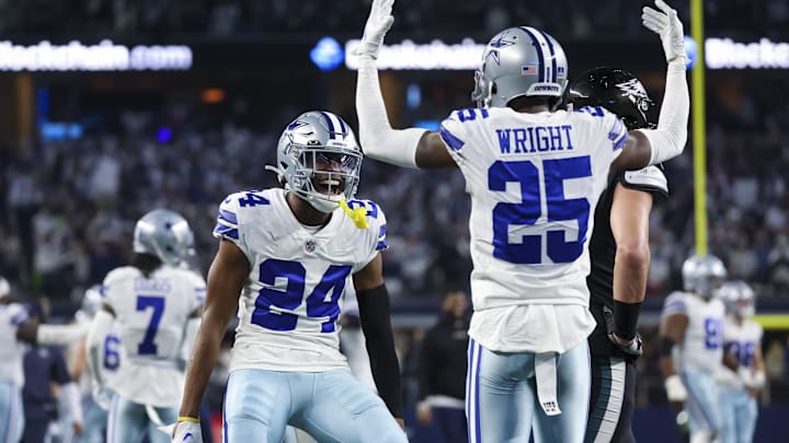 Dec 24, 2022; Arlington, Texas, USA;  Dallas Cowboys safety Israel Mukuamu (24) celebrates with