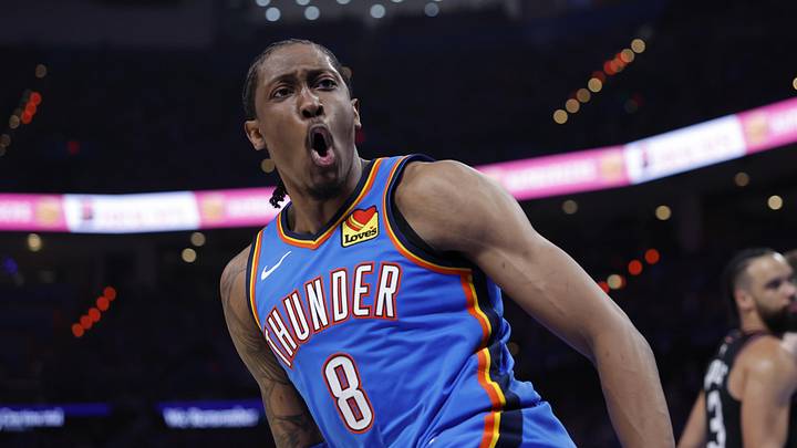 Apr 19, 2026; Oklahoma City, Oklahoma, USA; Oklahoma City Thunder guard Jalen Williams (8) celebrates after scoring against the Phoenix Suns in the second half during game one of the first round of the 2026 NBA Playoffs at Paycom Center. Mandatory Credit: Alonzo Adams-Imagn Images