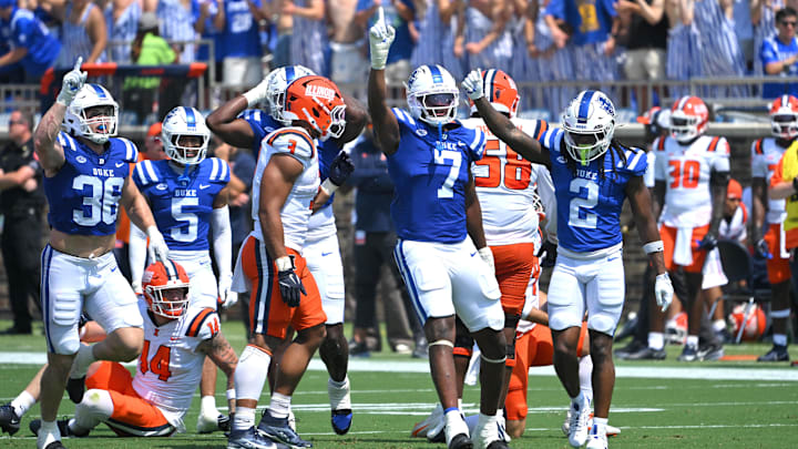 Sep 6, 2025; Durham, North Carolina, USA; Duke Blue Devils linebacker Jaiden Francois (2) celebrates a tackle against Illinois Fighting Illini defensive back Xavier Scott (14) during the first quarter at Wallace Wade Stadium. Mandatory Credit: Zachary Taft-Imagn Images Sep 6, 2025; Durham, North Carolina, USA; Duke Blue Devils linebacker Jaiden Francois (2) celebrates a tackle against Illinois Fighting Illini defensive back Xavier Scott (14) during the first quarter at Wallace Wade Stadium. Mandatory Credit: Zachary Taft-Imagn Images