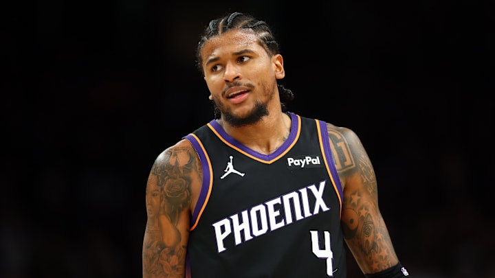 Apr 14, 2026; Phoenix, Arizona, USA; Phoenix Suns guard Jalen Green (4) against the Portland Trail Blazers during the play-in rounds of the 2026 NBA Playoffs at Mortgage Matchup Center. Mandatory Credit: Mark J. Rebilas-Imagn Images