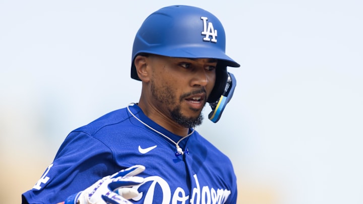 Mar 1, 2026; Phoenix, Arizona, USA; Los Angeles Dodgers shortstop Mookie Betts against the Los Angeles Angels during a spring training game at Camelback Ranch-Glendale. Mandatory Credit: Mark J. Rebilas-Imagn Images