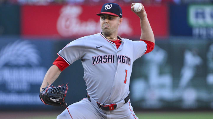 Jul 9, 2025; St. Louis, Missouri, USA;  Washington Nationals starting pitcher MacKenzie Gore (1) pitches against the St. Louis Cardinals during the first inning at Busch Stadium.