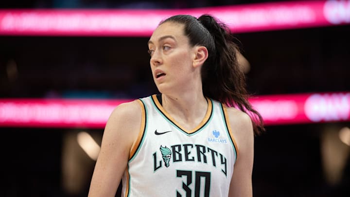 Jun 25, 2025; San Francisco, California, USA; New York Liberty forward Breanna Stewart (30) awaits the resumption of play against the Golden State Valkyries during the fourth quarter at Chase Center. Mandatory Credit: D. Ross Cameron-Imagn Images