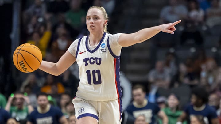 Mar 29, 2025; Birmingham, AL, USA; TCU Horned Frogs guard Hailey Van Lith (10) signals to her teammates during the second half of a Sweet 16 NCAA Tournament basketball game against the Notre Dame Fighting Irish at Legacy Arena. Mandatory Credit: Vasha Hunt-Imagn Images