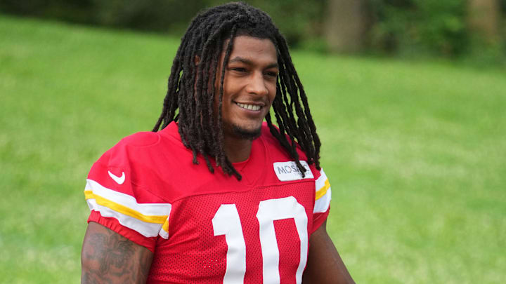 Jul 22, 2025; St. Joseph, MO, USA; Kansas City Chiefs running back Isiah Pacheco (10) walks down the hill to the fields prior to training camp at Missouri Western State University. Mandatory Credit: Denny Medley-Imagn Images