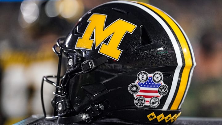 Nov 15, 2025; Columbia, Missouri, USA; A general view of a Missouri Tigers helmet against the Mississippi State Bulldogs during the first half of the game at Faurot Field at Memorial Stadium. Mandatory Credit: Denny Medley-Imagn Images