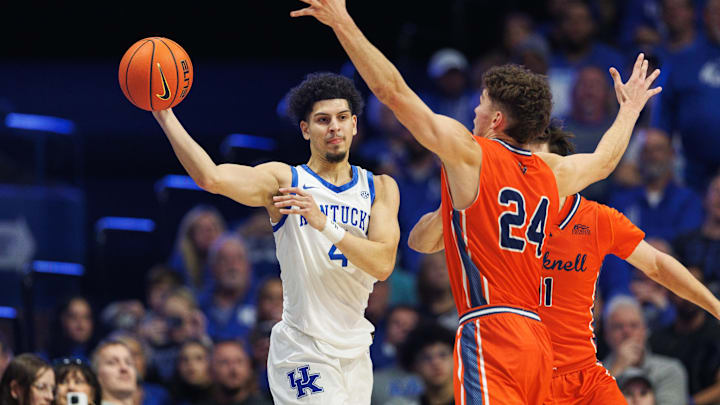 Nov 9, 2024; Lexington, Kentucky, USA; Kentucky Wildcats guard Koby Brea (4) passes the ball during the first half against the Bucknell Bison at Rupp Arena at Central Bank Center. Mandatory Credit: Jordan Prather-Imagn Images