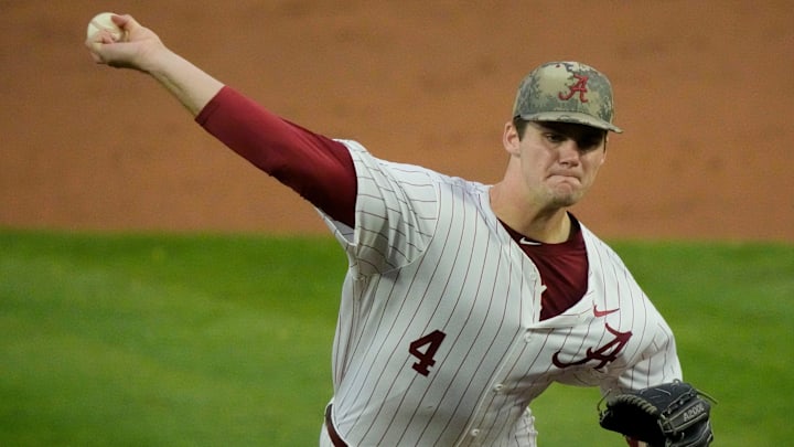 Apr 25, 2025; Tuscaloosa, AL, USA; Alabama pitcher Riley Quick makes a pitch during the game with Missouri at Sewell-Thomas Stadium Friday night.