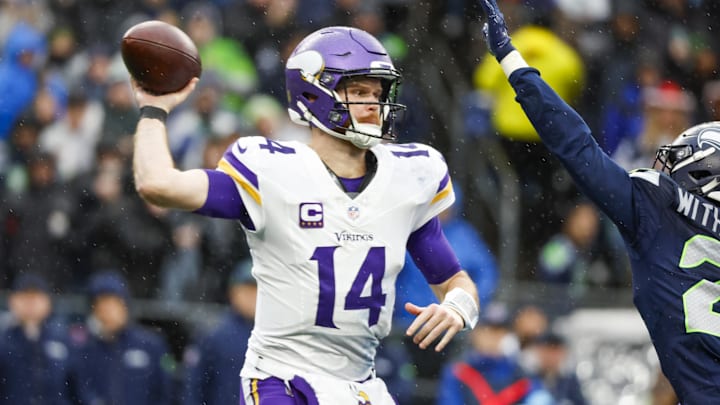 Minnesota Vikings quarterback Sam Darnold passes against the Seattle Seahawks. Minnesota Vikings quarterback Sam Darnold passes against the Seattle Seahawks.