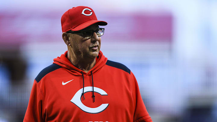 Apr 29, 2026; Cincinnati, Ohio, USA; Cincinnati Reds manager Terry Francona (77) walks off the field during a stop in play in the sixth inning against the Colorado Rockies at Great American Ball Park. Mandatory Credit: Katie Stratman-Imagn Images