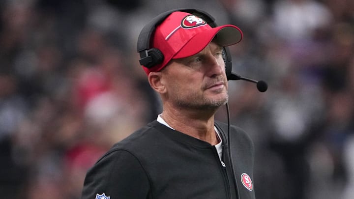 Aug 13, 2023; Paradise, Nevada, USA; San Francisco 49ers special teams coordinator Brian Schneider watches from the sidelines against the Las Vegas Raiders at Allegiant Stadium. Mandatory Credit: Kirby Lee-Imagn Images