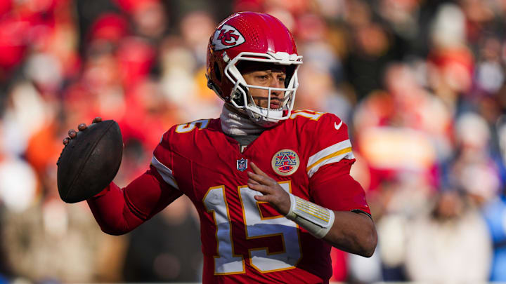 Dec 14, 2025; Kansas City, Missouri, USA; Kansas City Chiefs quarterback Patrick Mahomes (15) looks to pass against the Los Angeles Chargers during the second quarter at GEHA Field at Arrowhead Stadium. Mandatory Credit: Jay Biggerstaff-Imagn Images Dec 14, 2025; Kansas City, Missouri, USA; Kansas City Chiefs quarterback Patrick Mahomes (15) looks to pass against the Los Angeles Chargers during the second quarter at GEHA Field at Arrowhead Stadium. Mandatory Credit: Jay Biggerstaff-Imagn Images
