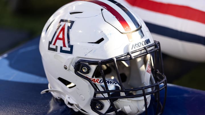 Nov 8, 2025; Tucson, Arizona, USA; Detailed view of an Arizona Wildcats helmet at Arizona Stadium. Mandatory Credit: Mark J. Rebilas-Imagn Images
