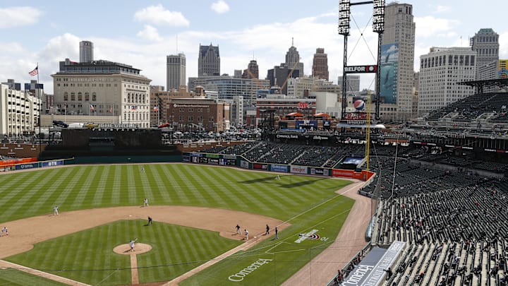 Apr 1, 2021; Detroit, Michigan, USA; A wide view from high up behind home plate as Detroit Tigers starting pitcher Matthew Boyd (48) pitches to Cleveland Indians second baseman Cesar Hernandez (7) during the fifth inning on Opening Day at Comerica Park.