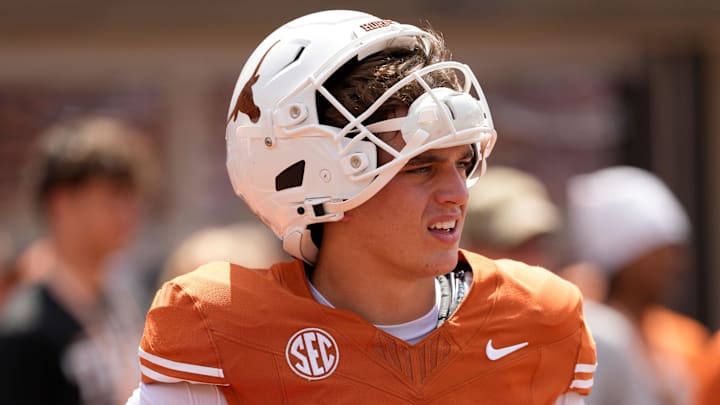 Texas Longhorns quarterback Arch Manning warms up before a game against the UTEP Miners at Darrell K Royal-Texas Memorial Stadium. 