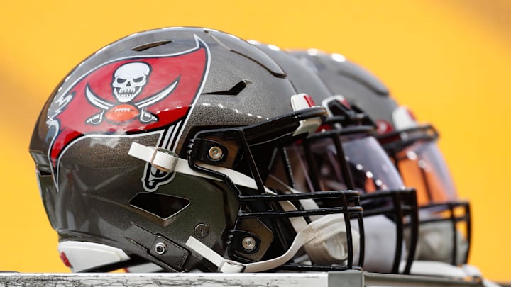 Tampa Bay Buccaneers helmets on the sidelines before the game against the Pittsburgh Steelers.