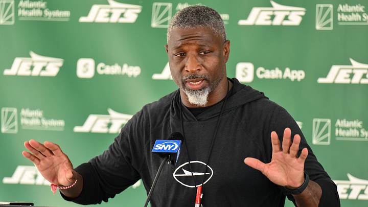 Jul 23, 2025; Florham Park, NY, USA; New York Jets head coach Aaron Glenn speaks at a press conference during training camp at Atlantic Health Jets Training Center. Mandatory Credit: John Jones-Imagn Images