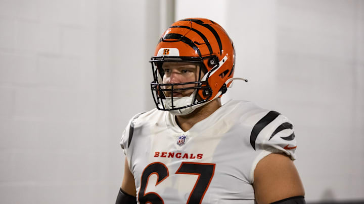 Oct 8, 2023; Glendale, Arizona, USA; Cincinnati Bengals guard Cordell Volson (67) against the Arizona Cardinals at State Farm Stadium. Mandatory Credit: Mark J. Rebilas-Imagn Images
