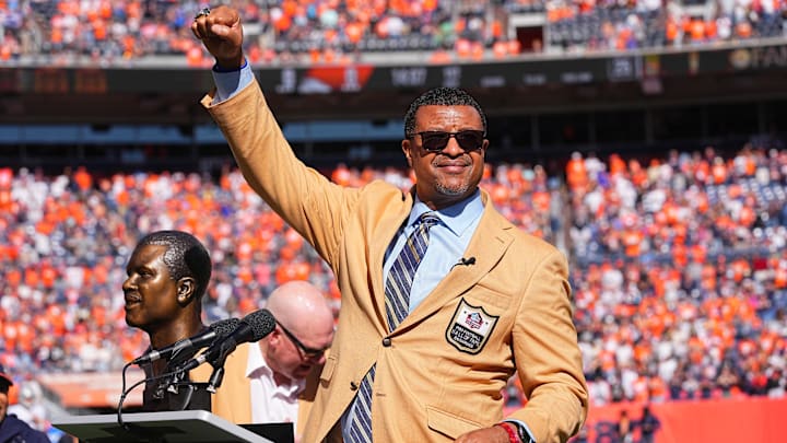 Oct 17, 2021; Denver, Colorado, USA; Former Denver Broncos Steve Atwater shows off his hall of fame ring before the game against the Las Vegas Raiders at Empower Field at Mile High. 
