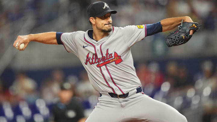 Atlanta Braves pitcher Charlie Morton (50) pitches in the first inning against the Miami Marlins at loanDepot Park.